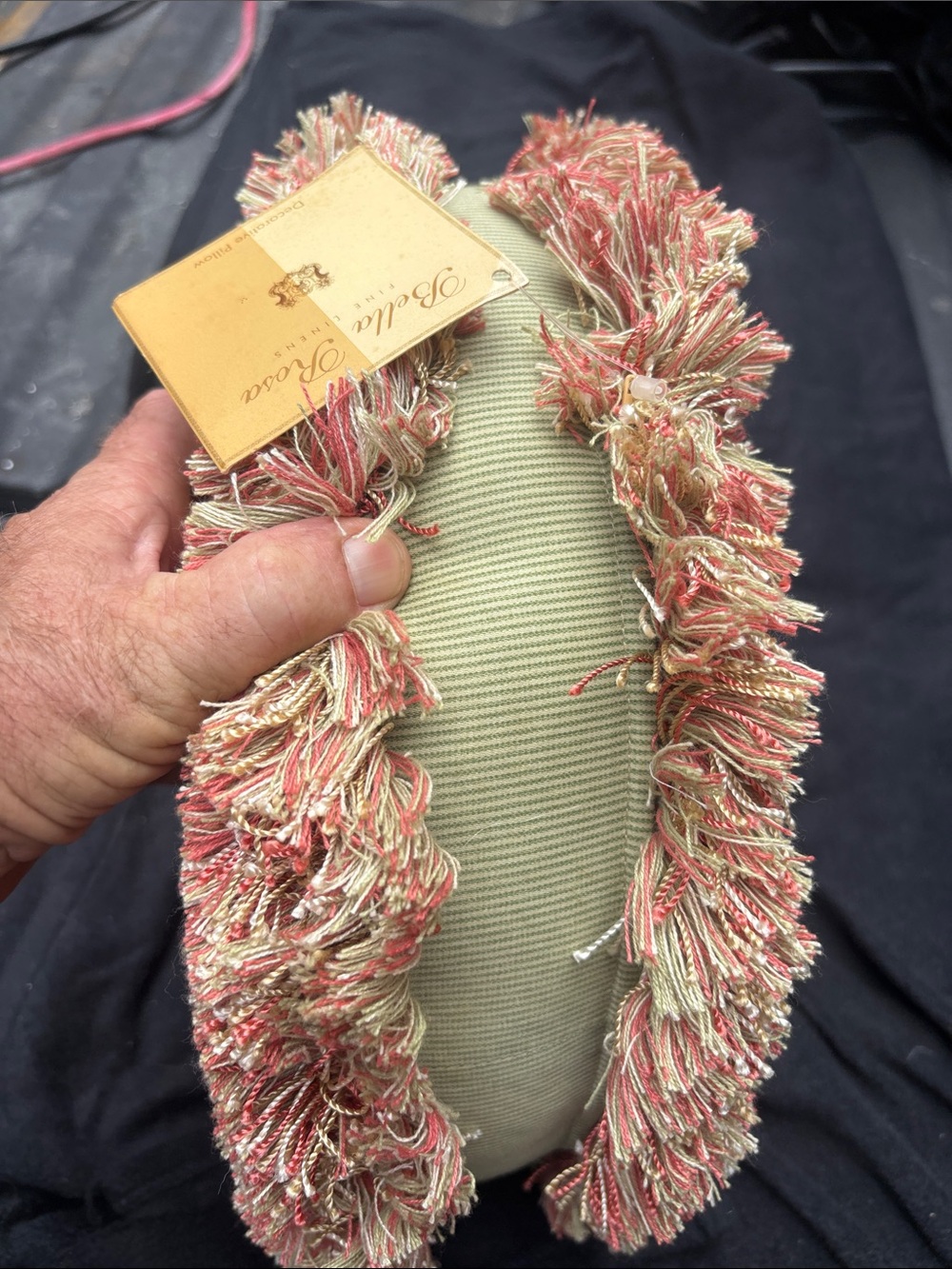 Decorative Round Fringe Accent Pillow in Coral and Cream Bella Rosa NWTs. - Picture 3 of 8